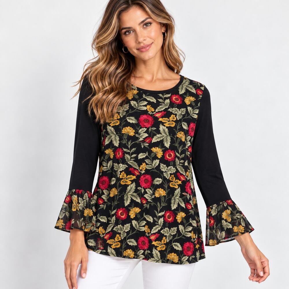 Susan Graver Liquid Knit Blouse Women's Size M Embroidered Floral Cottage Office